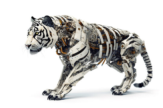 Image of a tiger modified into a electronics robot on a white background. Wildlife Animals. Illustration, Generative AI.