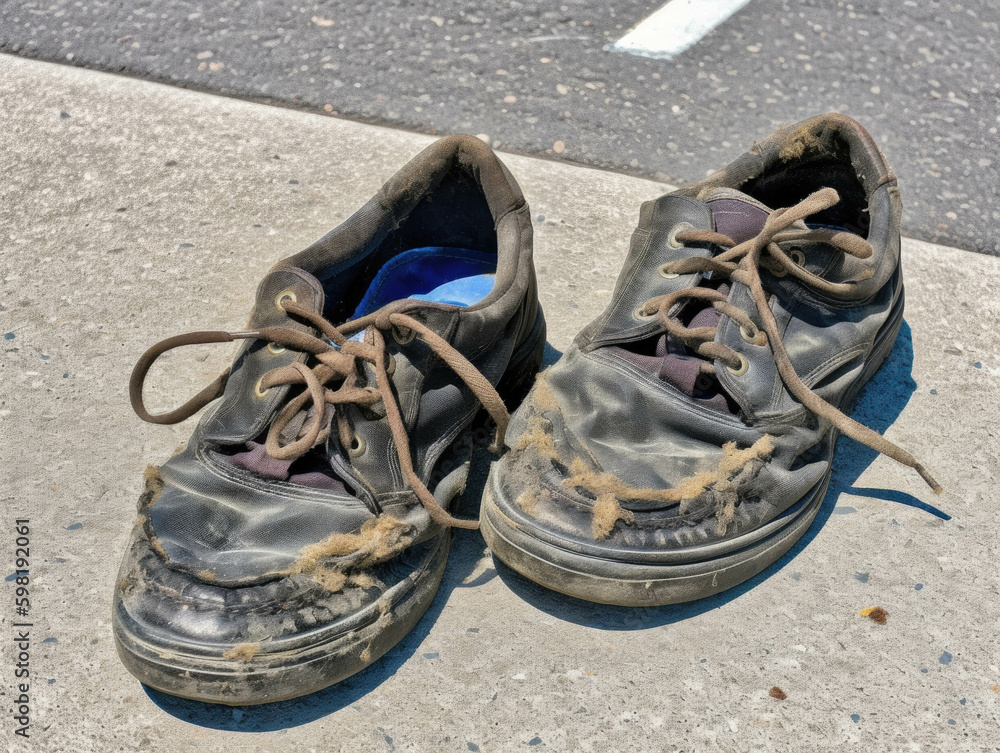 Poster a pair of tattered shoes standing on a cracked sidewalk.. ai generation. generative ai