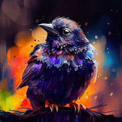 Watercolor portrait cute baby crow, bird illustration, colorful oil painting on black background, generative ai