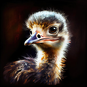 recommend clip art: Watercolor portrait cute baby ostrich, bird illustration, colorful oil painting on black background, generative ai