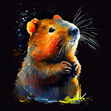 Watercolor portrait cute cub wombat, animal illustration, colorful oil painting on black background, generative ai