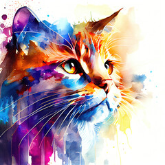 Watercolor portrait colorful cat, animal illustration, oil painting isolated on white background, generative ai