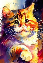 Watercolor portrait cute cat with paws, animal illustration, colorful oil painting isolated on white background, generative ai