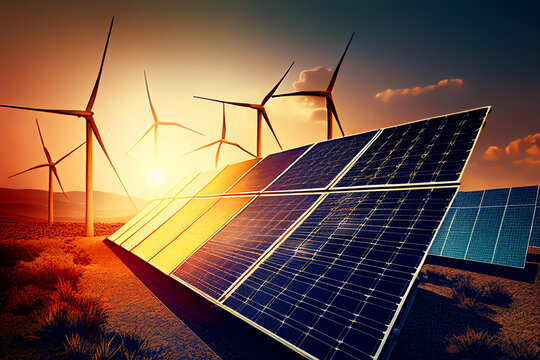 Solar panel and Wind Turbine concept. Solar energy from solar panels. Photovoltaic, alternative source of Solar electricity. Renewable energy, green energy, wind turbines, Ai Generative illustration.