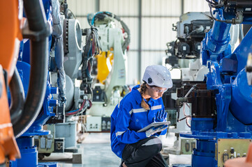 woman technician engineer worker check heavy machine construction installation in industrial factory. technician worker check for repair maintenance electronic manufacture factory plant industry	