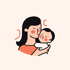 Vector Illustration Of Mother Holding Baby Son In Arms. Happy Mother`s Day Greeting Card.