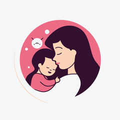 Vector Illustration Of Mother Holding Baby Son In Arms. Happy Mother`s Day Greeting Card.