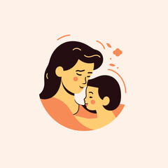 Vector Illustration Of Mother Holding Baby Son In Arms. Happy Mother`s Day Greeting Card.