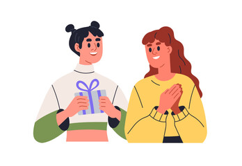 Fototapeta premium Girl presenting gift in wrapped box to happy woman friend. Young girlfriends giving and receiving giftbox, holiday surprise with ribbon bow. Flat vector illustration isolated on white background