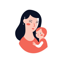 Vector Illustration Of Mother Holding Baby Son In Arms. Happy Mother`s Day Greeting Card.