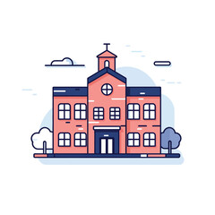 Isolated school building. Landscape with grass and clouds. Urban exterior.