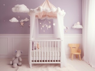 Fototapeta na wymiar baby child bed, Toddler crib cots with slats, prevent baby from falling or climbing out, newborn kid room, generative ai