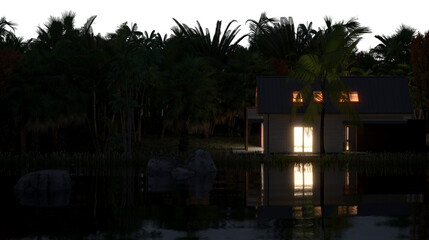 Obraz premium house in the jungle on the river bank on a transparent background, 3D illustration, cg render