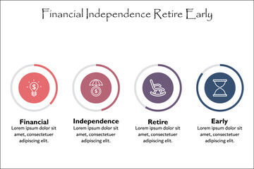 FIRE - Financial Independence Retire Early. Infographic template with icons and description placeholder