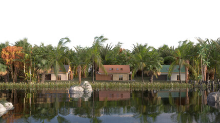 Fototapeta na wymiar house in the jungle on the river bank on a transparent background, 3D illustration, cg render
