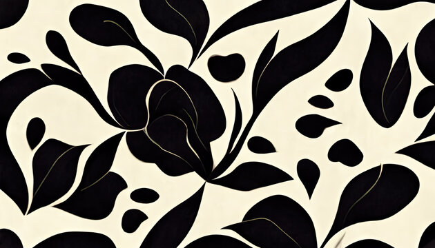 Floral print art background. Intricate design. Black white curve twisted flowers petals leaves drawing decorative abstract ornament illustration.