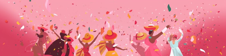 Fototapeta premium Generative AI illustration of carefree people wearing hats throwing confetti while dancing during carnival party against pink background