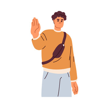 Man rejecting, refusing, gesturing stop with hand. Serious angry person showing negative attitude, saying no. Disapproval, rejection concept. Flat vector illustration isolated on white background