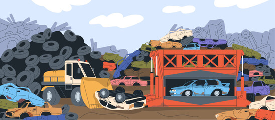 Car junkyard with old used autos dump, heap. Junk yard, broken abandoned automobiles. Crushed rusty transport garbage, trash, tyres, vehicle bodies utilization at scrapyard. Flat vector illustration - obrazy, fototapety, plakaty