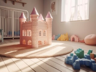 simple minimalist toy castle of the princess in kids room, soft pink pastel colors, bright sunlight from window, generative ai