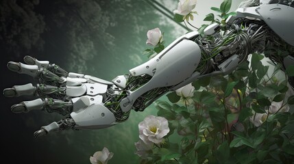 a robot hand reaches out to a hand with flowers Generative AI