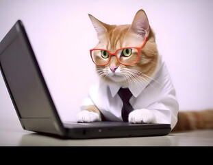 Cute busy cat with glasses. Concept of pet officer, business or office hours.