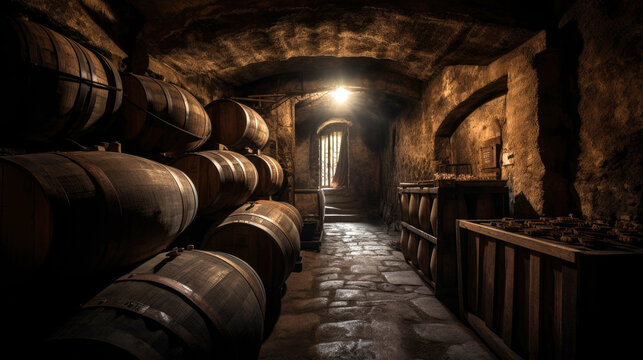 Dark stone cellar and wooden barrels of wine. Generative AI
