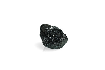 black gaudefroyite isolated on white blackground. macro detail background. close-up Rough raw unpolished semi-precious gemstone.
