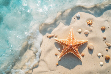 Fototapeta na wymiar Star fish on sand beach background. Copy space of summer and vacation concept. Generative ai.