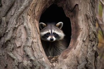 A curious raccoon peeking out of a tree hollo - obrazy, fototapety, plakaty