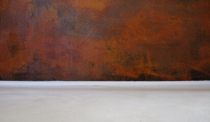 Corrode rust effect wall. Beige pastel cement floor. Home ideas. Copy space.