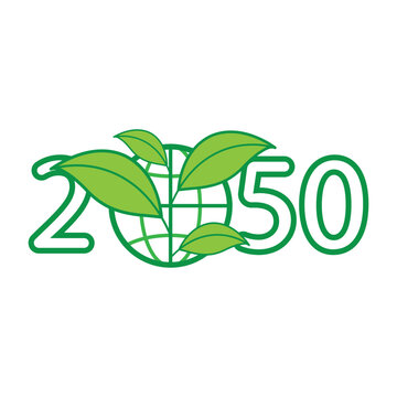 Growing green leaves on globe icon combined with mumber font. Sustainable development goal 2050 typographic design concept. Vector illustration outline flat design style.