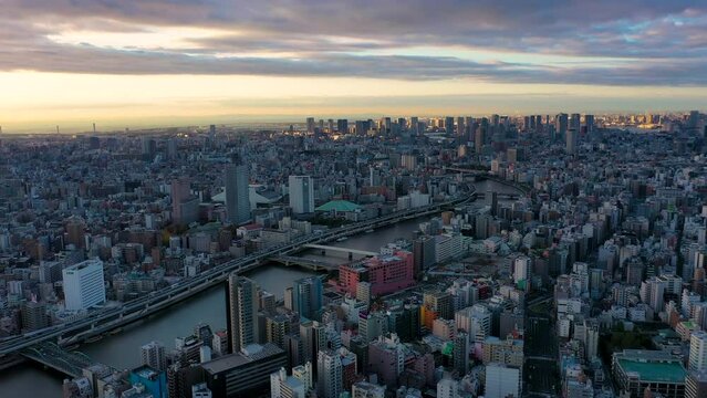 Aerial view 4k video by drone of building in Tokyo city, Japan on sunrise.