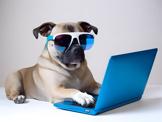 Busy pug dog. Concept of hardworking or work from home.