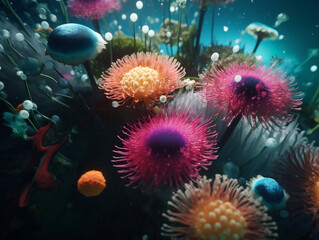 Fototapeta na wymiar Colorful Blooms Beneath the Waves: Discovering Underwater Flowers. Generative AI