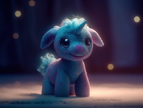 toy unicorn plush, stuffed soft cuddly plushies, blurred magical sparkles and dream lights background, generative ai