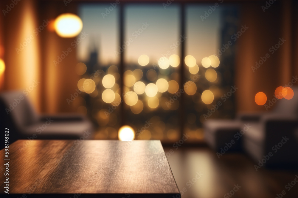 Poster table-top view of beside table or nightstand on blurred cozy night ambiance at hotel room with bokeh