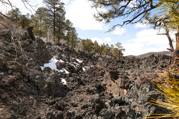Lava River with snow on top of Volcano in Arizona