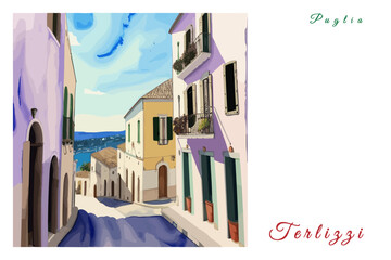 Terlizzi: Poster with the name of the Italian city Terlizzi and a water color illustration