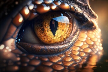 Close up Macro Eye of a Anaconda, Devil eyes with reflection water with sunrise background, Generative AI
