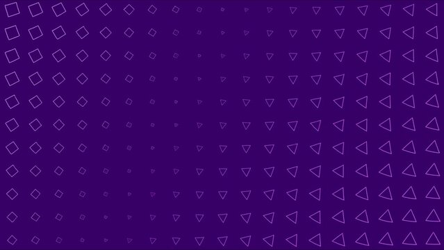 Different geometrical shapes of purple color moving in diagonal pattern background