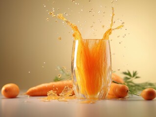 Naklejka na ściany i meble organic orange carrots sparkling juice poured out in glass , simple elegant fancy blue background, crafted tropical drink, generative ai