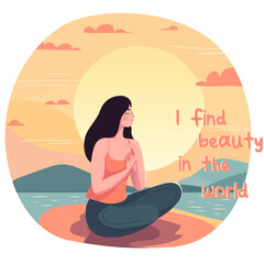 Self love and love your body and mind concept. The girl sits by the sea at sunset. I find beauty in the world.