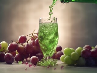 organic green red grape sparkling juice poured out in glass , simple elegant fancy blue background, crafted tropical drink, generative ai
