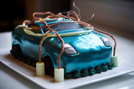 delicious cake car birthday sweet colorful decoration dessert celebration child. Generative AI. Generative AI