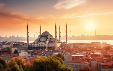 Fototapeta na wymiar Beautiful​ istanbul​ city landscape​ with​ blue mosque at sunset​ light​, Generative AI.