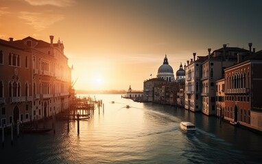 Naklejka premium Grand Canal and Basilica Santa Maria della Salute at sunrise in Venice, Italy, Generative AI.