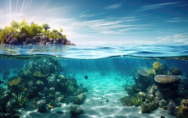 Fototapeta na wymiar Tropical Island And Coral Reef - Split View With Waterline, Generative AI.