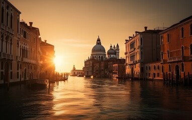 Grand Canal and Basilica Santa Maria della Salute at sunrise in Venice, Italy, Generative AI.