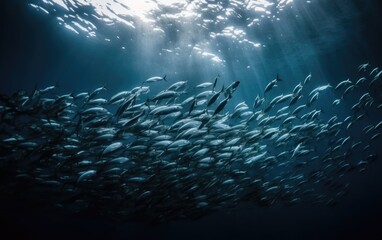 Naklejka na ściany i meble Underwater wild world with tuna fishes, Generative AI.
